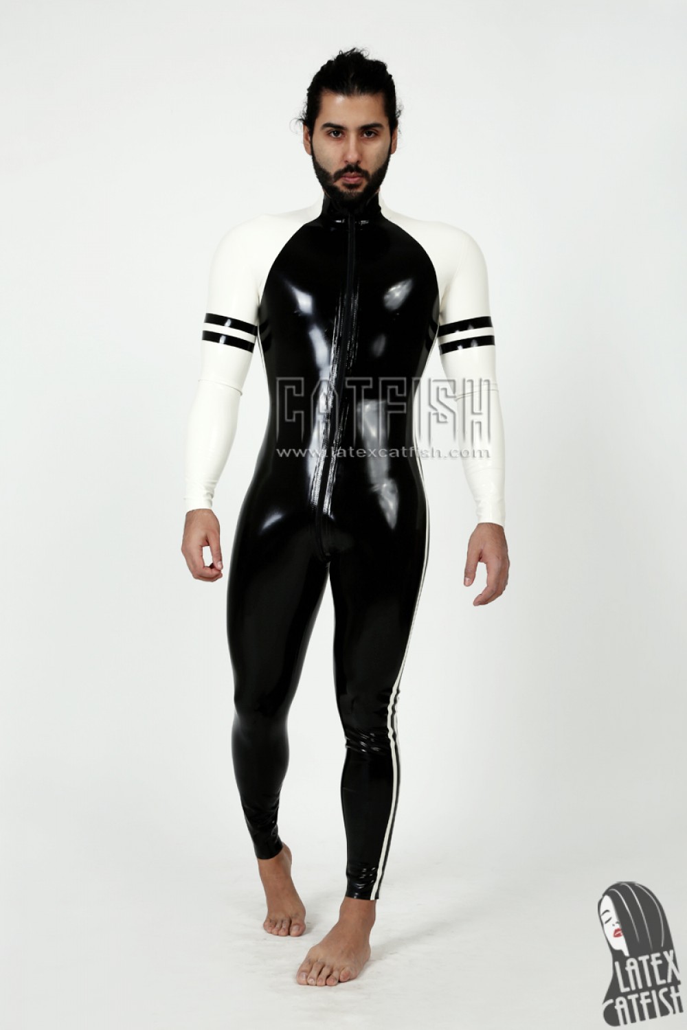 Men's 'Collegiate' Twin-Striped Front Zipper Raglan-Sleeved Latex Catsuit Men's 'Collegiate' Twin-Striped Front Zipper Raglan-Sleeved Latex Catsuit