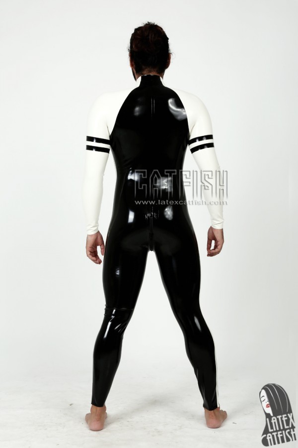 Men's 'Collegiate' Twin-Striped Front Zipper Raglan-Sleeved Latex Catsuit