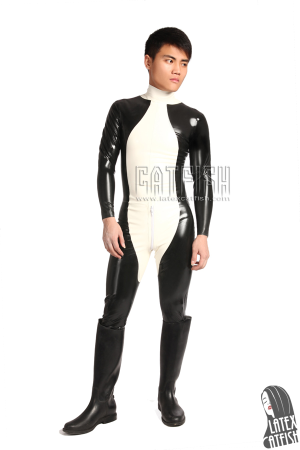 Men's 'Ebony-Ivory' Back Zipper Latex Catsuit