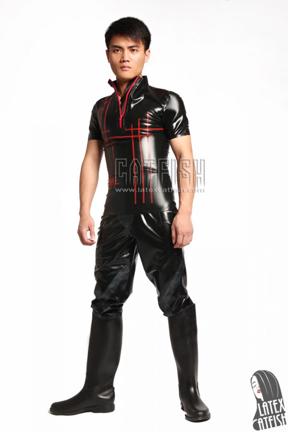 Men's 'Grid' Pattern Latex High-Collar Short-Sleeved Shirt Men's 'Grid' Pattern Latex High-Collar Short-Sleeved Shirt