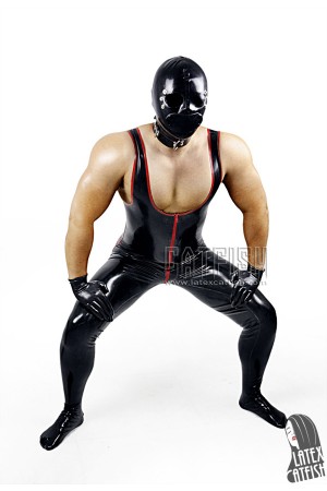 Men's Singlet-Top Striped Latex Catsuit with Feet