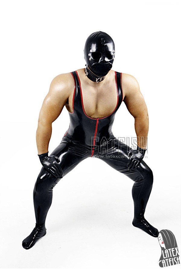 (Stock Clearance) Men's Singlet-Top Striped Latex Catsuit with Feet