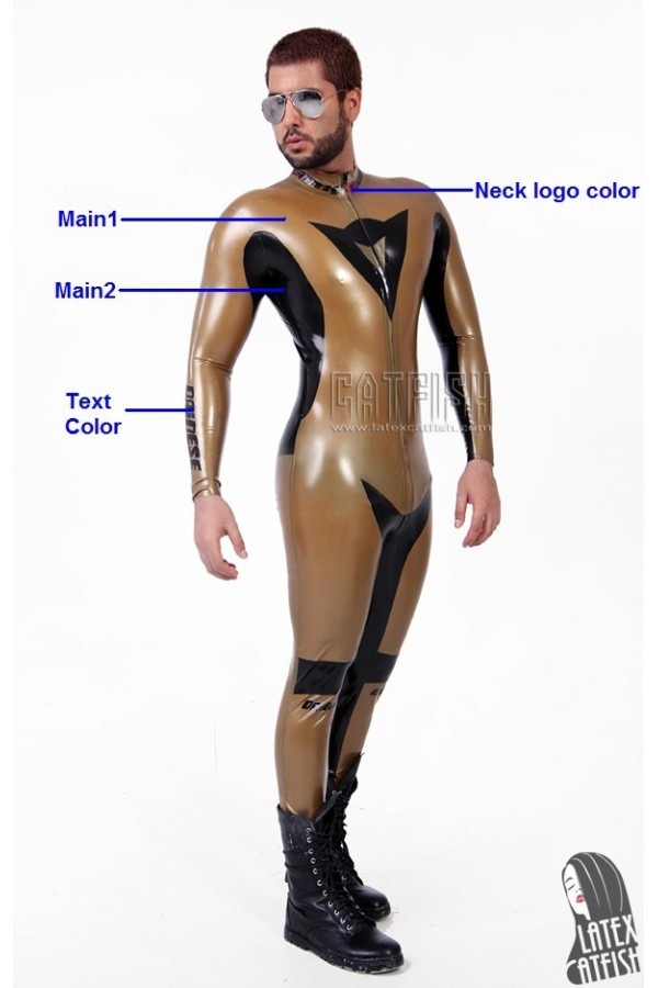 Men's Metallic Gold & Black Brand Name MotoGP Latex Biker Suit
