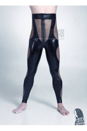 Men's Transparent Panels Latex High-Waisted Leggings