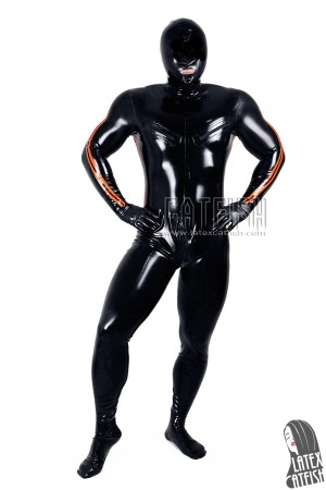 Men's Double-Stripe Nipple Zip Total Cover Latex Gimp Catsuit