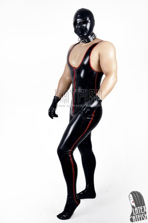 Men's Singlet-Top Striped Latex Catsuit with Feet
