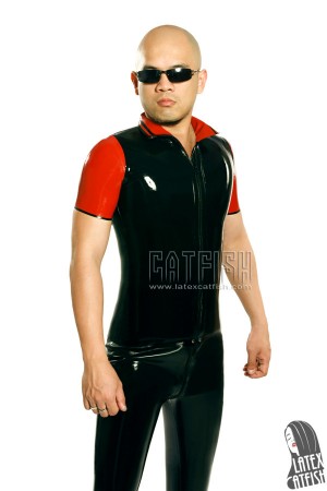 Men's Two-Colors Front Zipper Latex Polo Shirt