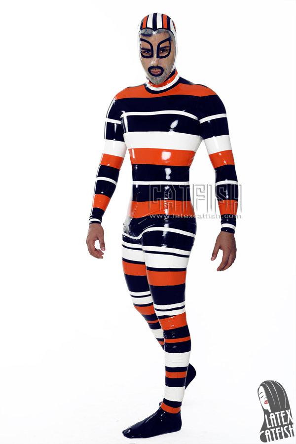 Men's 'Candystripe' Hooded Latex Catsuit with Feet