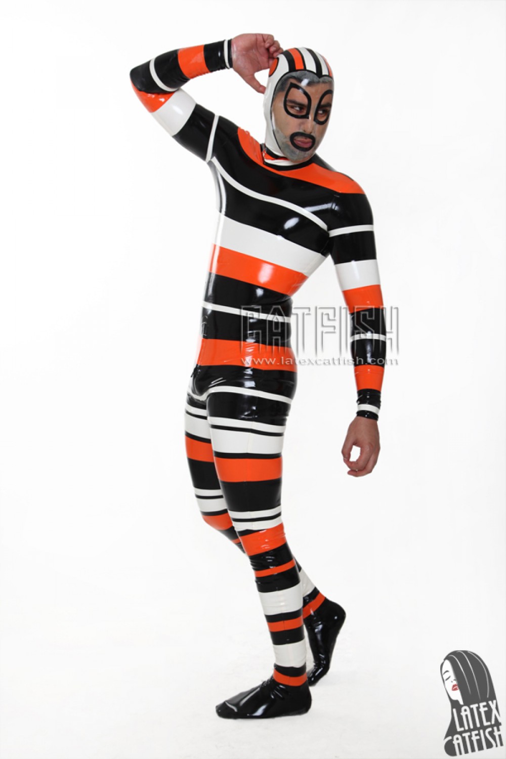 Men's 'Candystripe' Hooded Latex Catsuit with Feet Men's 'Candystripe' Hooded Latex Catsuit with Feet