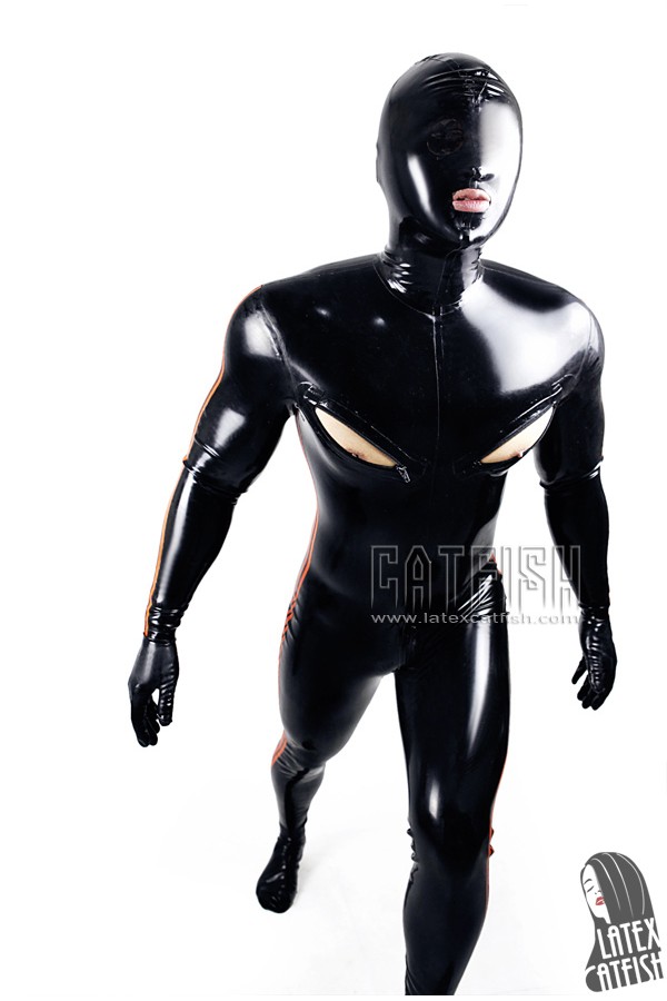 Men's Double-Stripe Nipple Zip Total Cover Latex Gimp Catsuit