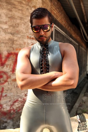 Men's Laced-Front Sleeveless Latex Catsuit
