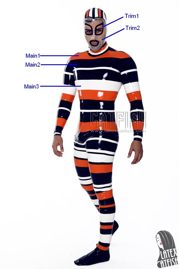 Men's 'Candystripe' Hooded Latex Catsuit with Feet