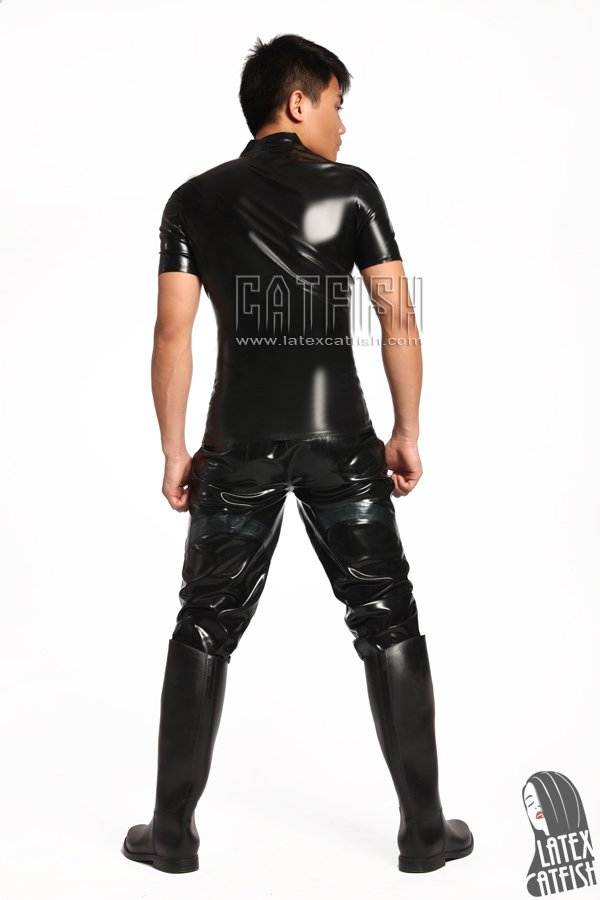 Men's 'Grid' Pattern Latex High-Collar Short-Sleeved Shirt