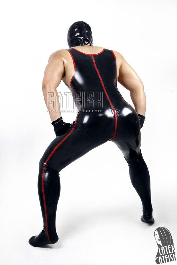 Men's Singlet-Top Striped Latex Catsuit with Feet