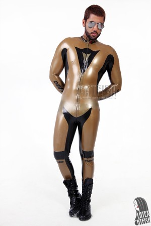 Men's Metallic Gold & Black Brand Name MotoGP Latex Biker Suit