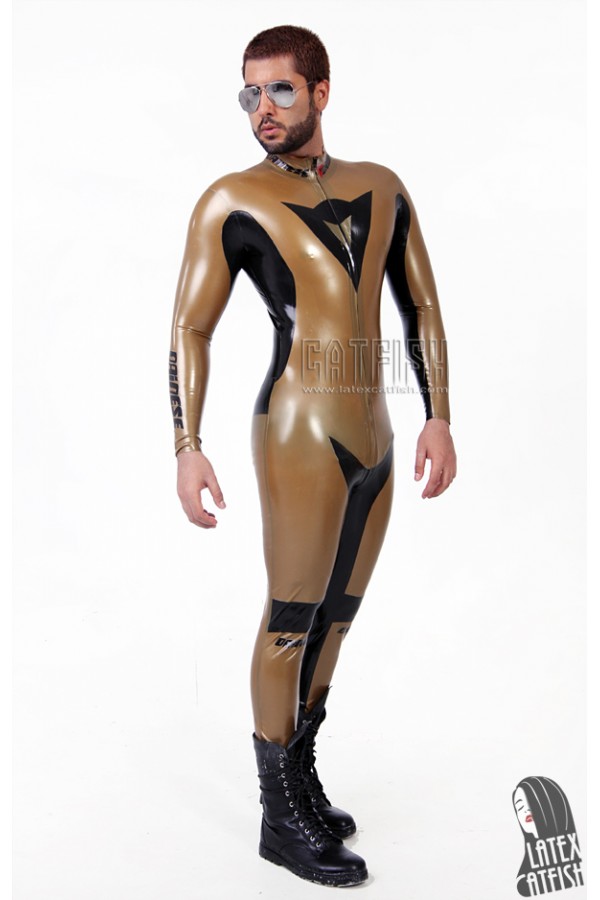 Men's Metallic Gold & Black Brand Name MotoGP Latex Biker Suit