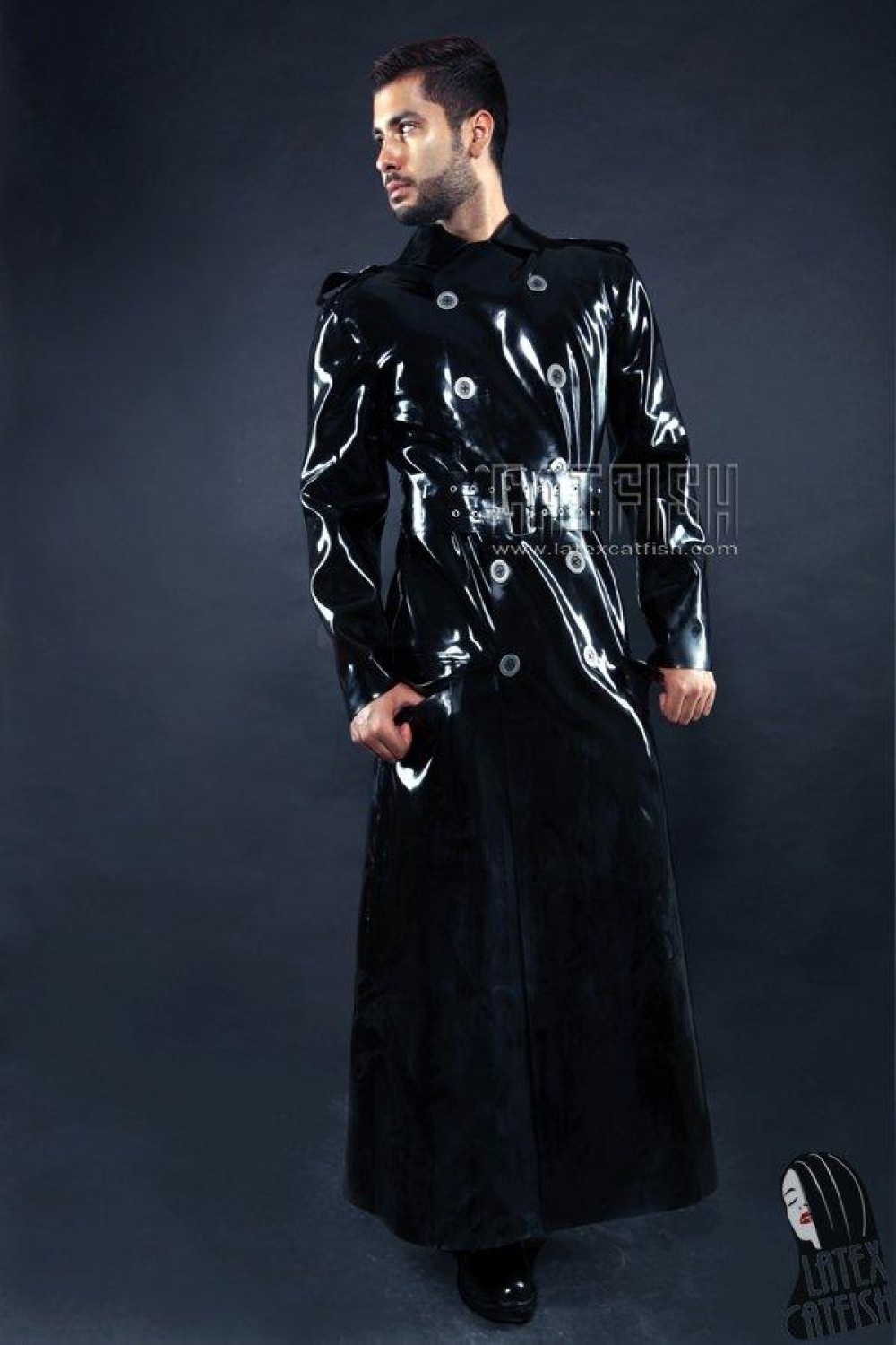 Men's Military Style Full-Length Double-Breasted Latex Trench Coat Men's Military Style Full-Length Double-Breasted Latex Trench Coat