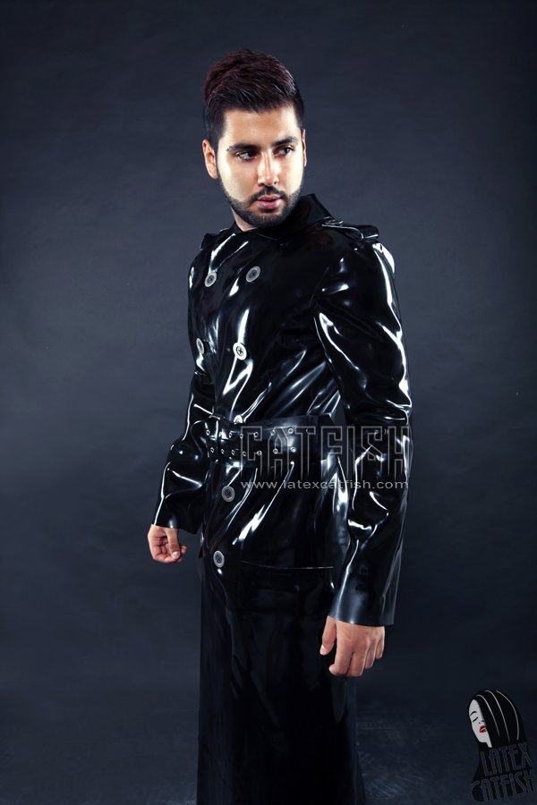 Men's Military Style Full-Length Double-Breasted Latex Trench Coat