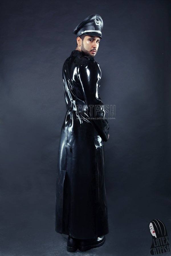 Men's Military Style Full-Length Double-Breasted Latex Trench Coat