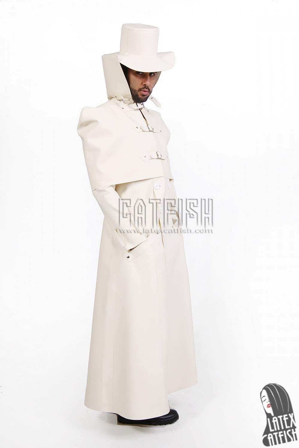 Men's Latex Caped Double-Breasted Trench Coat Men's Latex Caped Double-Breasted Trench Coat