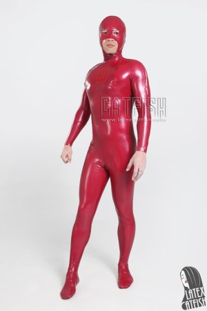 Men's 'Double D' Shoulder Zipper Latex Catsuit with Feet & Separate Hood