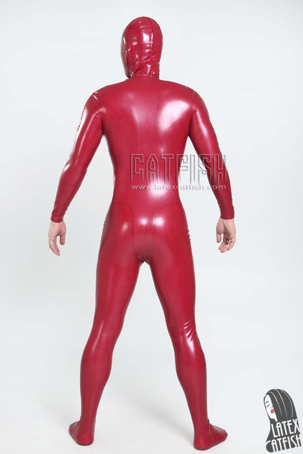 Men's 'Double D' Shoulder Zipper Latex Catsuit with Feet & Separate Hood