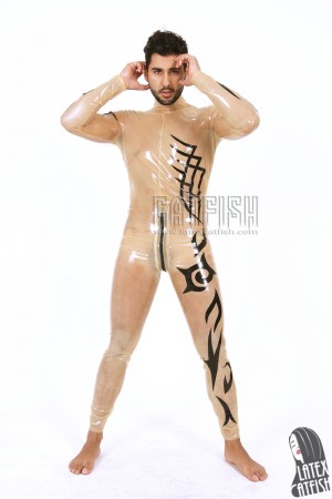 Men's 'Tattoo' Transparent Latex Neck Entry Catsuit