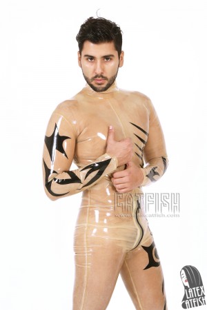 Men's 'Tattoo' Transparent Latex Neck Entry Catsuit