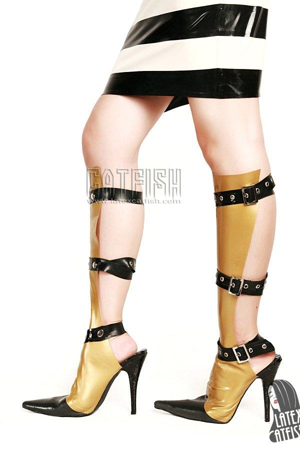 Latex Knee-length High-Heeled Half Boots with Straps