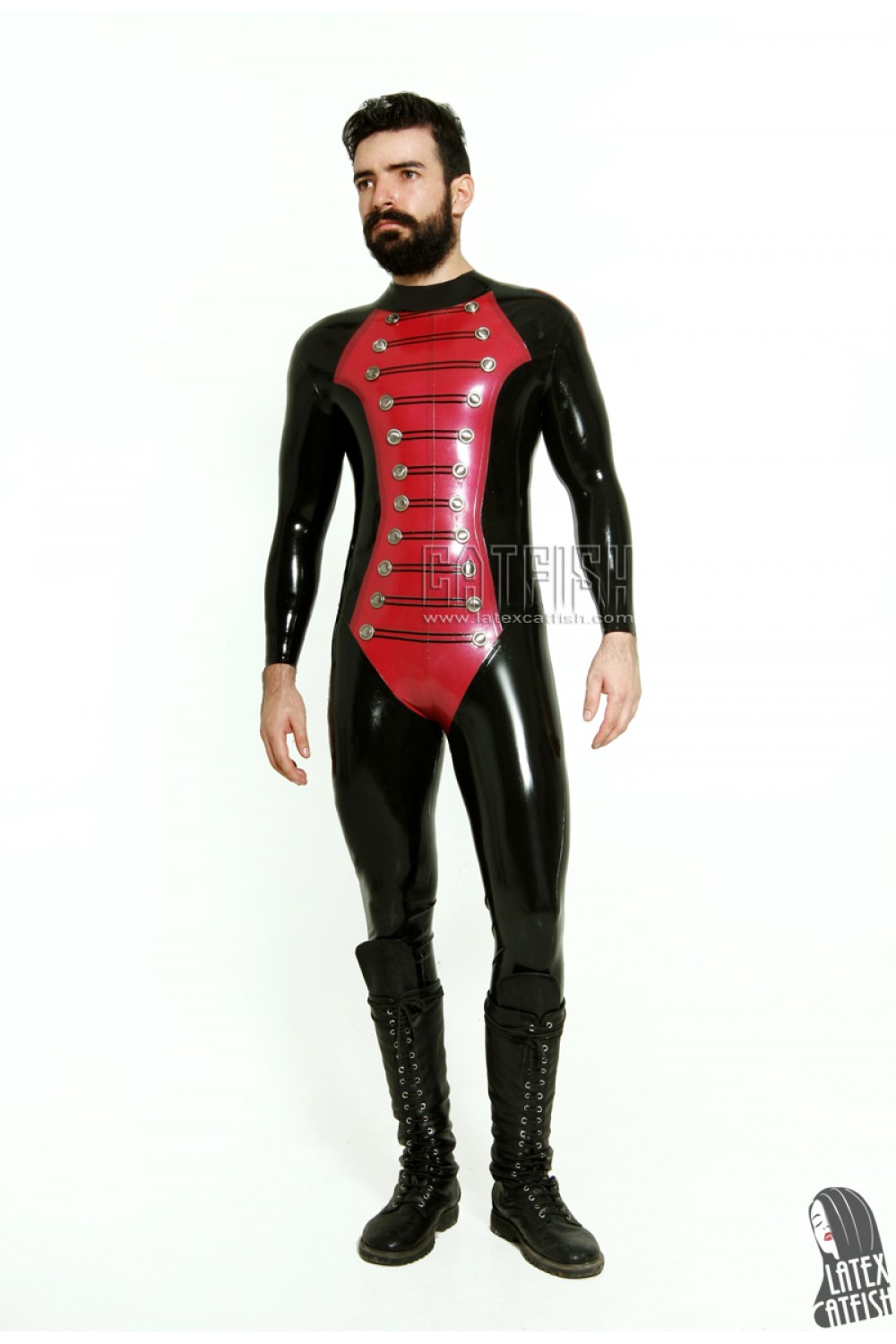 Men's 'Blazing Buttons' Military Style Latex Catsuit Men's 'Blazing Buttons' Military Style Latex Catsuit