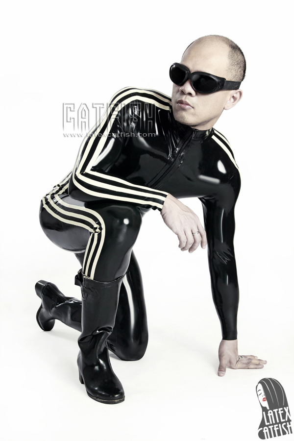 Men's 'Triple Stripe' Front Zipper Latex Catsuit