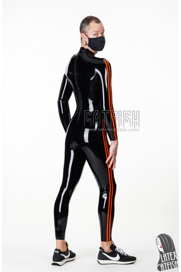 Men's Double-Stripe Nipple Zip Latex Catsuit