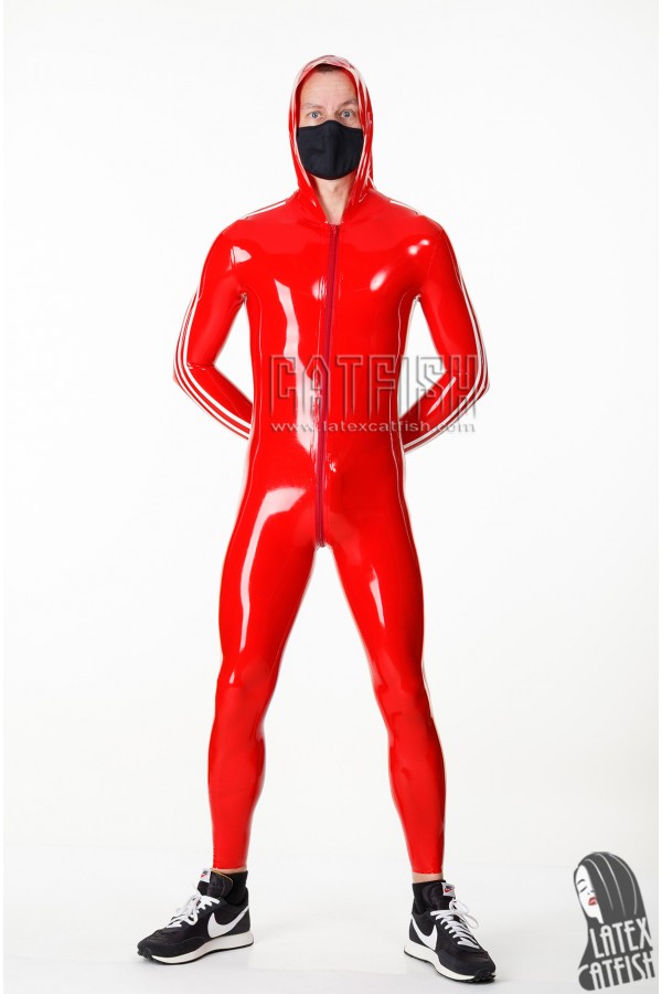 Men's Hooded Trims Front Zipper Latex Catsuit