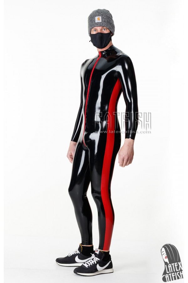 Men's 'Side-Striped' Front-Zipper Latex Catsuit