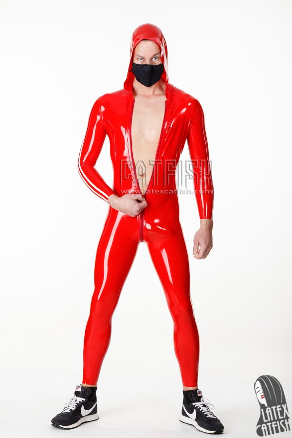 Men's Hooded Trims Front Zipper Latex Catsuit