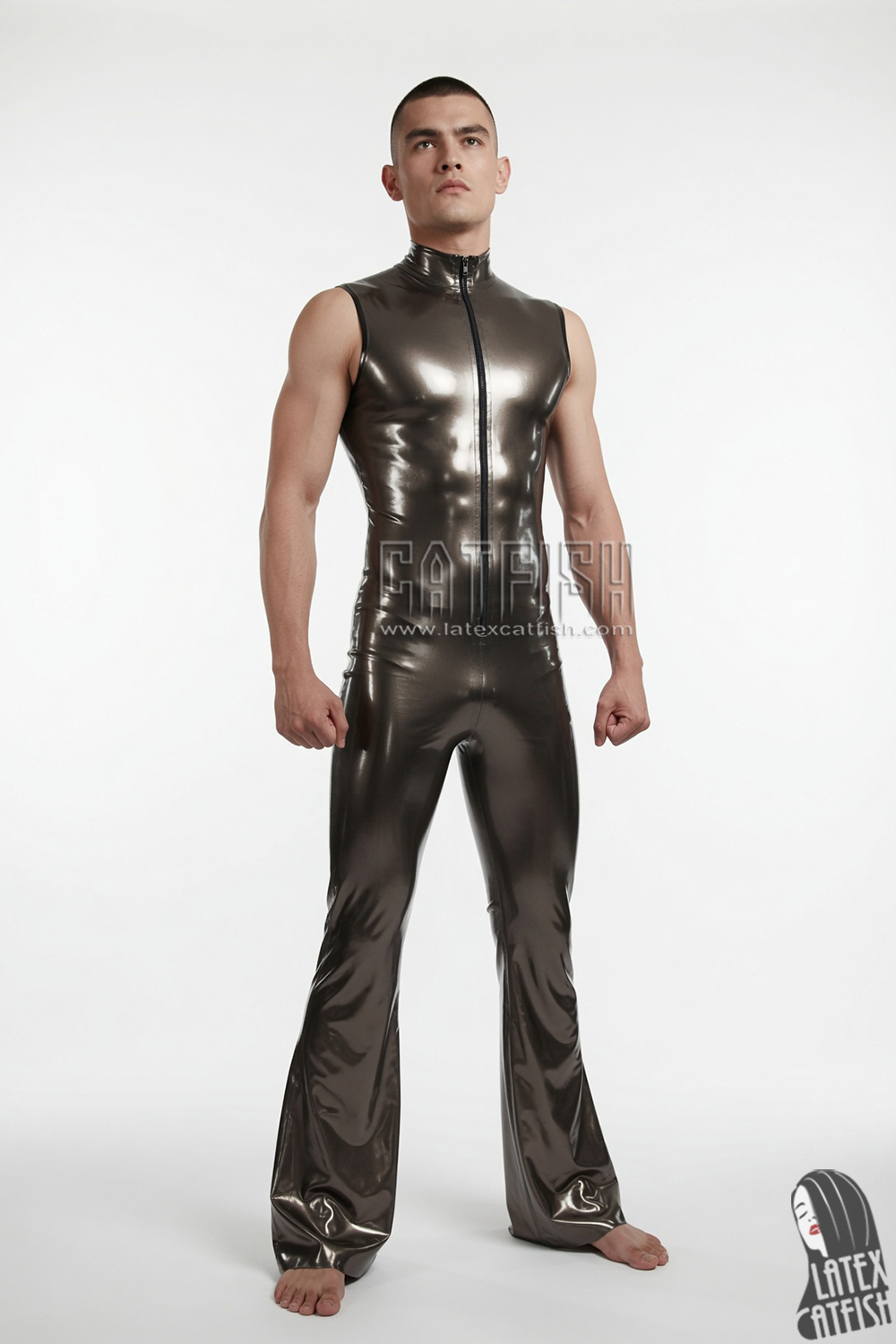 'Retro'70s' Flared Legs Sleeveless Latex Jumpsuit 'Retro'70s' Flared Legs Sleeveless Latex Jumpsuit