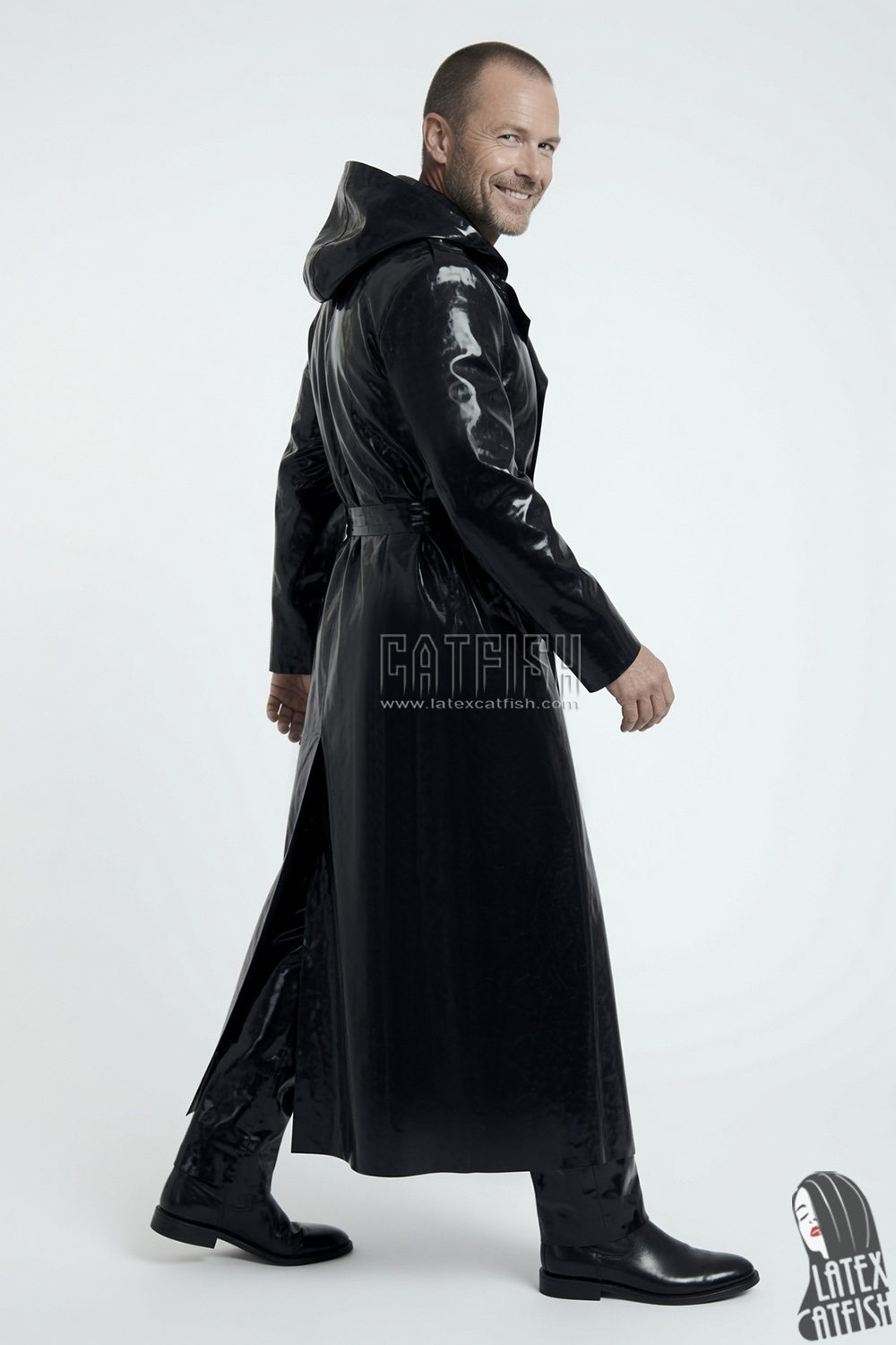 Unisex Loose-fitting Latex Hooded Double-Breasted Trenchcoat Unisex Loose-fitting Latex Hooded Double-Breasted Trenchcoat